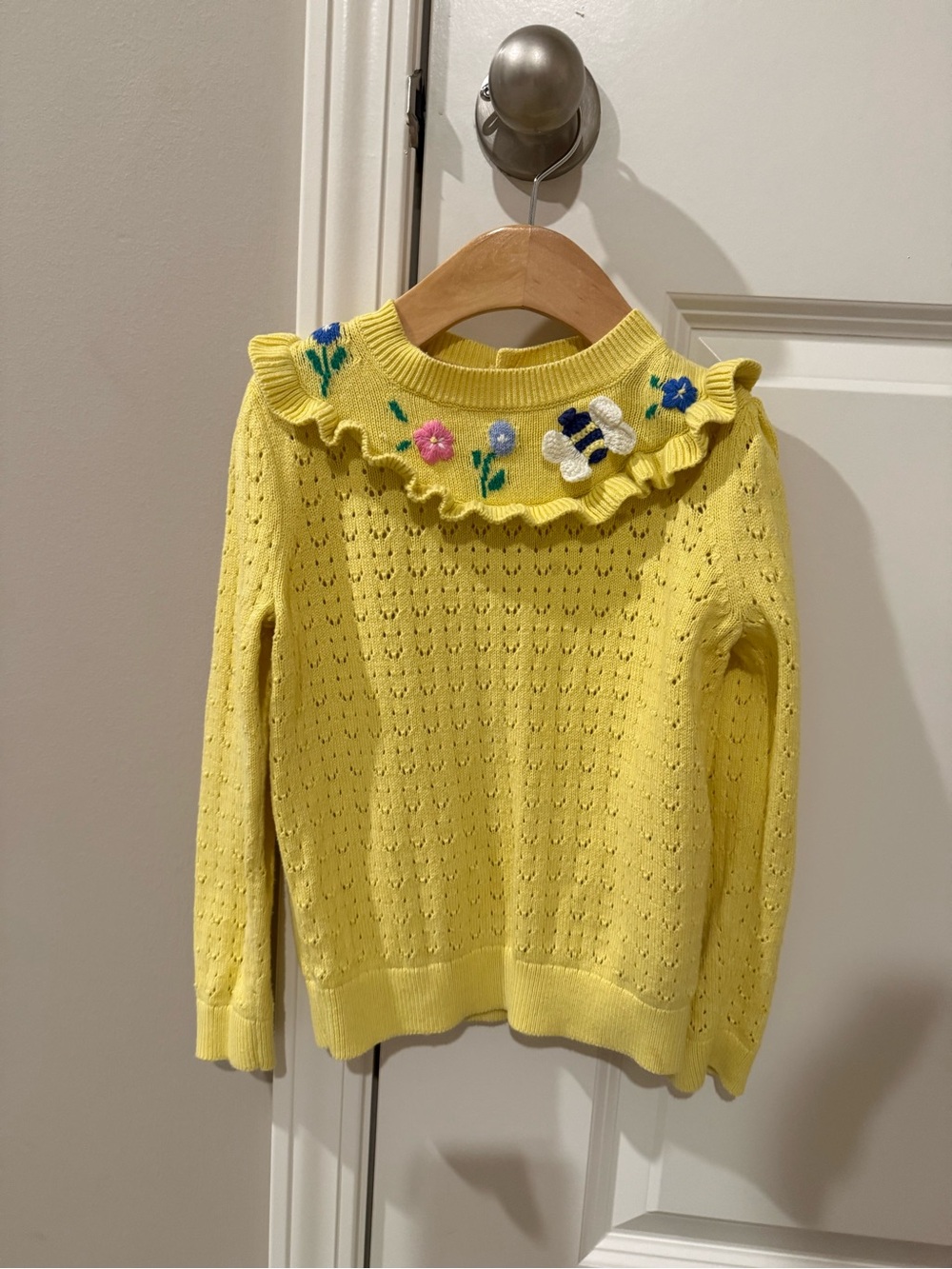 Girls - Mini Boden- Yellow Ruffled Floral Knit Sweater. Size 5-6Y